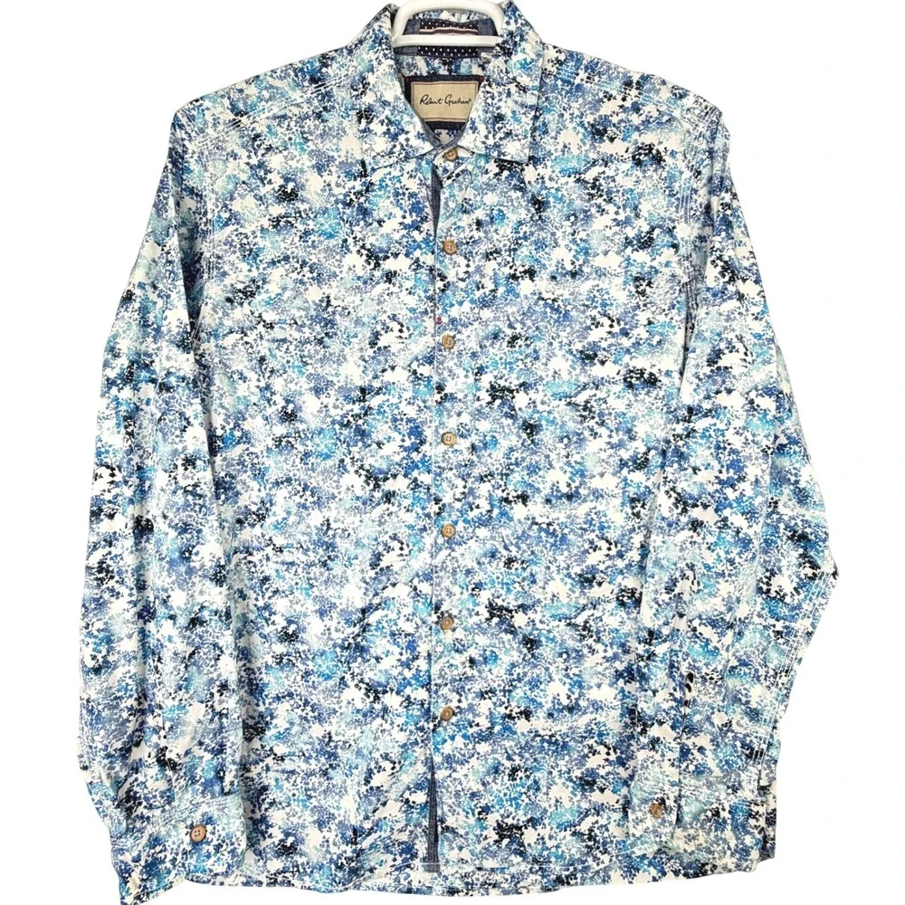 Robert Graham Button Up Shirt Mens Floral Print Blue White Long Sleeve Size XL